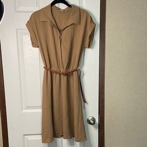 Love Blossom Camel Tan Short Sleeve Belted Shirt Dress Small